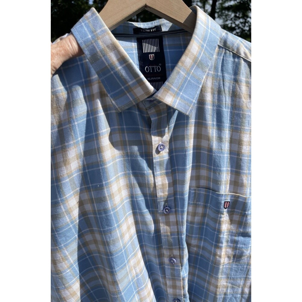 Otto Premium Casuals Blue Plaid Shirt Button Up LS Mens XL (44 cm) Trim Fit